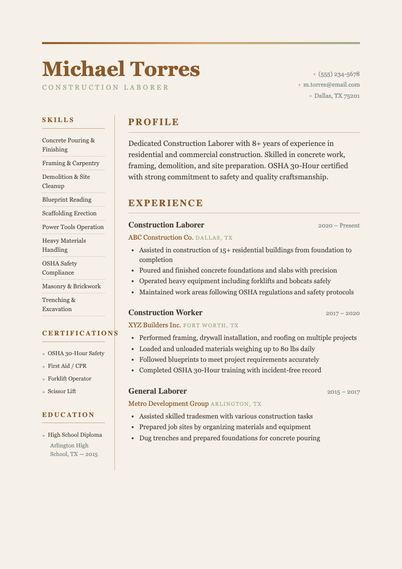 Earth Tone Natural construction laborer resume